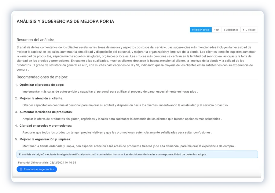 Análisis y sugerencias de mejora por IA: resumen y recomendaciones