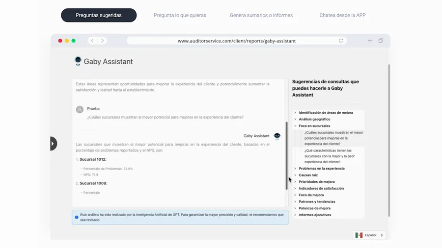 Gaby Assistant responde una pregunta sobre las sucursales con mayor potencial de mejora
