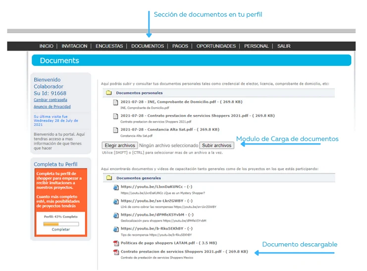 Módulo de carga de documentos en el perfil de shopper de Auditor Service